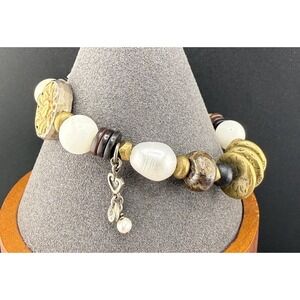 Silpada Bracelet Stretch Glass Pearl Wood Gold Tone 2011 7"